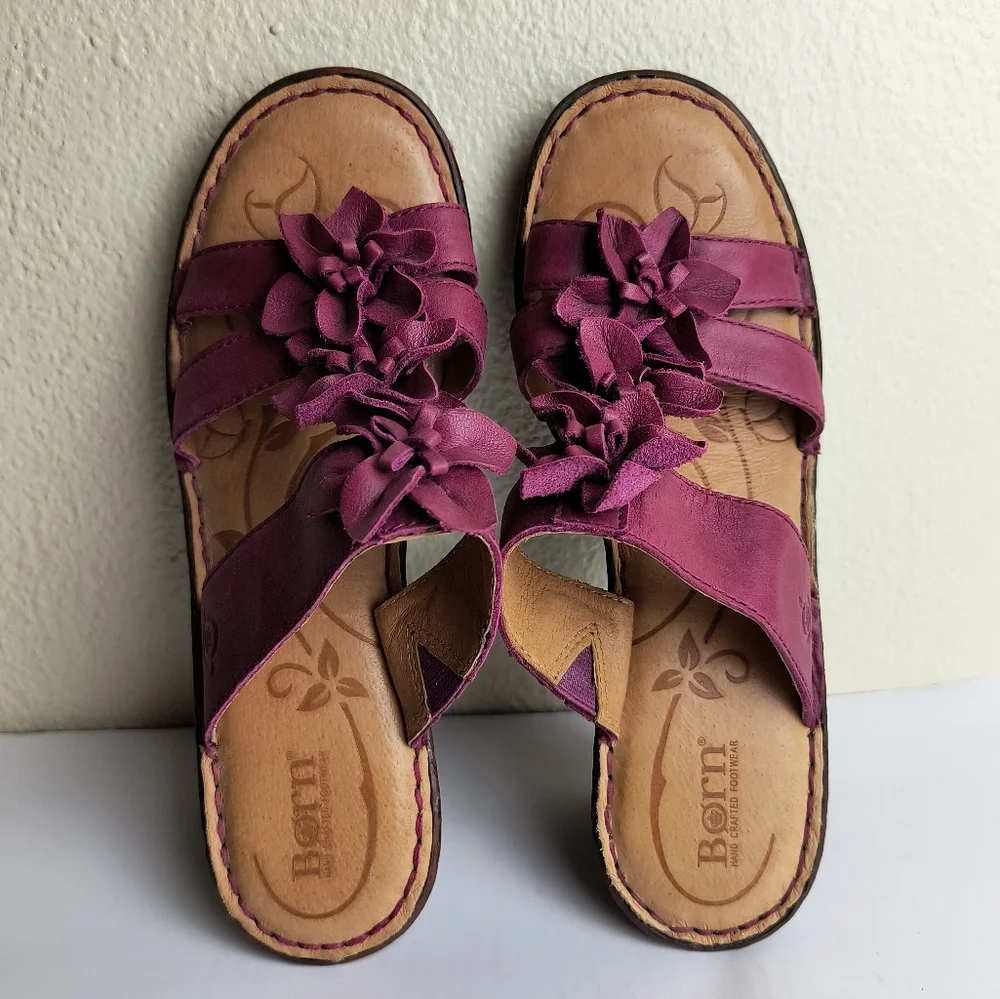 Born Zenia Electro Size 9 Purple and Brown Wedge Heel Sandals  Bow Detail